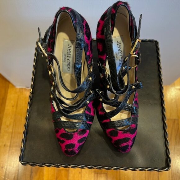 Jimmy Choo SZ 6 Fuchsia & Black Calf Hair Cheetah Print Heels - Picture 9 of 9